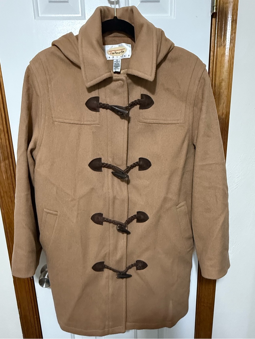 Vintage Talbots Petites 100% Wool Duffle Coat Hooded Toggle Camel Tan|Size 8